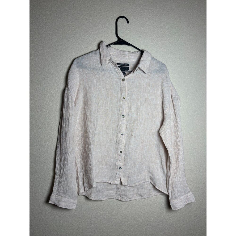 thari womens 100% linen flax button down blouse size M beige